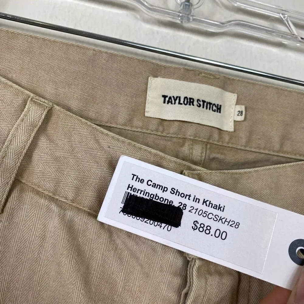 NWT Taylor Stitch Men’s Camp Short in Khaki Herringbone Tan Shorts Size 28